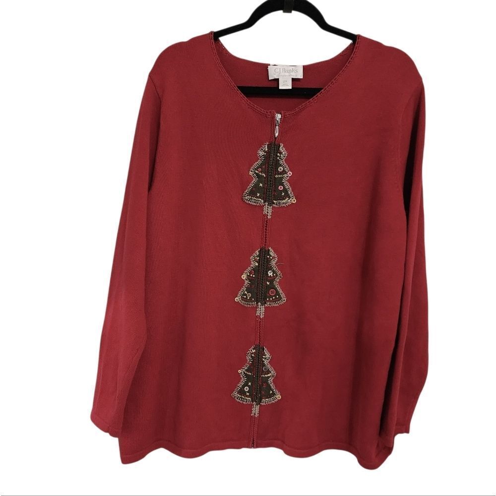 C.J. Banks Christmas Sweater Cardigan 2X Hand Embroidered Zip Up 100% Cotton